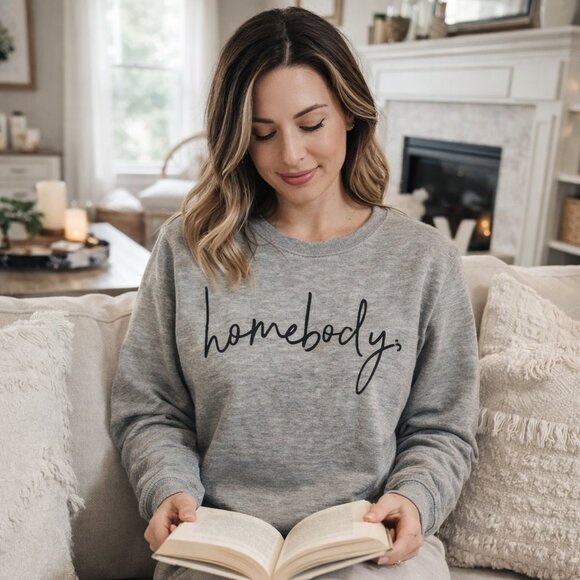 Modern Canvas Tops - Modern Canvas “Homebody” Graphic Sweatshirt | Gray Cozy Lounge Pullover | Medium